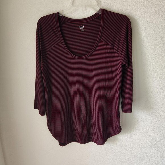 A.n.a Vintage Women Burgundy & Black Striped Top 3/4 length sleeve Sz Petite M - Picture 2 of 8